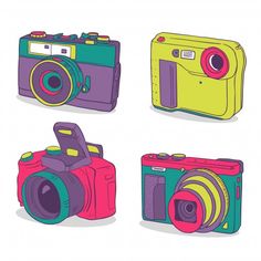 four different colored cameras on a white background