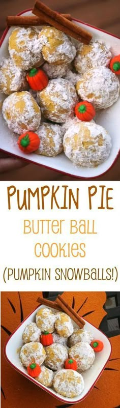 pumpkin pie butter ball cookies in snowballs on a plate with cinnamon stick and candy