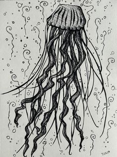 a black and white drawing of a jellyfish in the water with bubbles on it