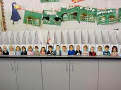 a group of children's pictures are placed in front of the school desks