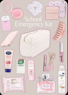 the contents of a school emergency kit laid out on a pink background with text that reads school emergency kit