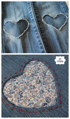 two pictures showing how to sew a jean jacket with an appliqued heart