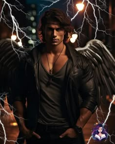 a man standing in front of lightning with his hands on his hips and an angel behind him