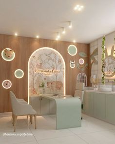 the interior of a store with white furniture and decorations on the walls, along with hanging lights