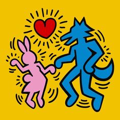 an image of two people playing with each other on a yellow and blue background, one is holding the hand of another person