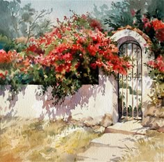 a painting of a gate with red flowers growing on it and a path leading to it