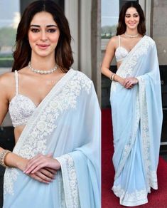 Ananya Panday Saree, Hot Sarees Party Wear, Hot Sarees, Kriti Sanon Saree, Farewell Saree, Sky Blue Saree, Indian Fits, Ananya Pandey