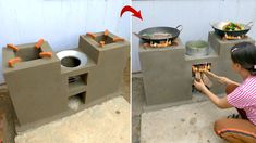 a woman kneeling down in front of an outdoor cooking area with pots and pans on it