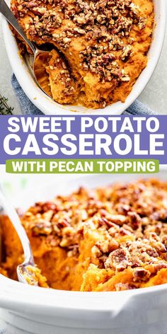 sweet potato casserole with pecan topping in a white dish