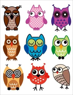 an image of different colored owls on a white background