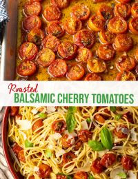 two photos side by side one with pasta, the other with tomatoes and basil on top