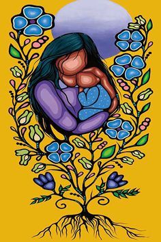 a painting of a woman holding a baby under a tree with blue flowers on it