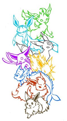 several different colored pokemons are shown in this drawing technique, and each has an individual's own image on it