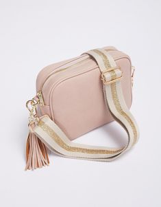 White & Co. - Zoe Crossbody Bag - Pink/Natural/Gold Stripe - White & Co Living Accessories Top Handle Bag With Single Shoulder Strap For On-the-go, Beige Box Bag With Adjustable Strap For On-the-go, On-the-go Satchel Bag With Long Strap, Cream Shoulder Bag With Single Strap, Everyday Satchel Bag With Long Strap, Pink Rectangular Bag With Strap, Blush Travel Pouch Bag, Pink Travel Bag With Strap, Chic Travel Bag With Long Strap