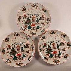 Lovely set of 4 vintage Christmas Salad Plates. Fine China- made in Japan. Nice winter scene, Village, Sleigh, Christmas tree, houses, snowman, kids playing, sledding. Love this plate set. So joyful.  In great condition with no chips, cracks or crazing, but some peeling off of the paint on the outside edges. See photo for one peeled area. 4 or 5 small peeled off sections. This is normal for age and usage. Great addition to your Christmas dinning ware collection Christmas Salad Plates, Snow Christmas Tree, Christmas Salad, Christmas Salads, Snow Christmas, Winter Scene, Village Houses, Plates Set, Fitz And Floyd