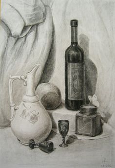 a drawing of a still life with wine and other items