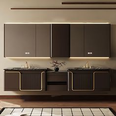 a bathroom with two sinks and cabinets in the middle, along with a rug on the floor