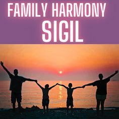 the family harmony sigil book cover with three people holding their hands in front of an ocean sunset