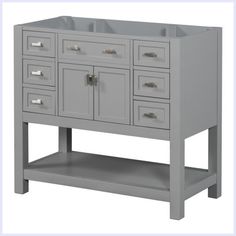 a bathroom vanity with two sinks and drawers on the bottom, in grey wood finish