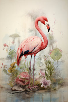 a pink flamingo standing on top of a body of water next to plants and flowers