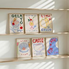 three wooden shelves with different types of art on them