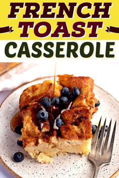 french toast casserole on a plate with a fork