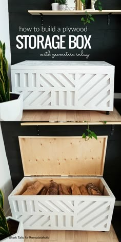 two white storage boxes with plants in them and the words how to build a plywood storage box