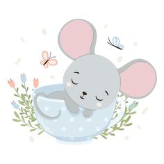 a cute little mouse is sitting in a cup with flowers and butterflies around it,