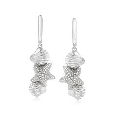 Ross-Simons - Sterling Silver Seashell and Starfish Drop Earrings. Under-the-sea chic! Our sterling silver aquatic drop earrings feature highly detailed seashell and starfish motifs in a stylish stacked design. Hanging length is 1 3/8". Hinged post, sterling silver seashell and starfish drop earrings. Fine Jewelery, Fine Jewellery Earrings, Starfish, Sea Shells, Fine Jewelry, Jewelry Earrings, Drop Earrings, Sterling Silver, Silver