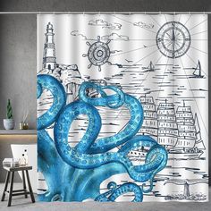 an octopus shower curtain with a lighthouse and ship in the ocean on it's side