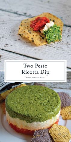 two pesto ricotta dip on a plate with crackers and tortilla chips