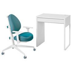 a white desk with a blue chair next to it and a white computer desk on wheels