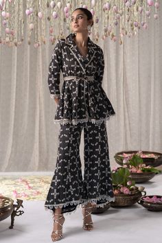 Mulmul | Black Sitara Jacket Top And Flared Pant Set | INDIASPOPUP.COM