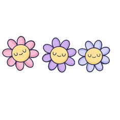 three flowers with faces drawn on them, one is smiling and the other has closed eyes