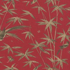 a red and gold wallpaper with bamboo leaves on it's side, including a bird