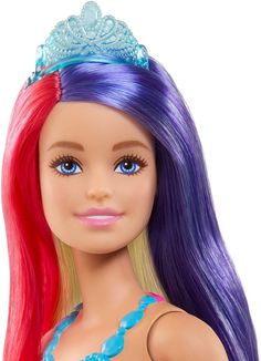 a barbie doll with long purple hair and blue eyes wearing a tiara on her head