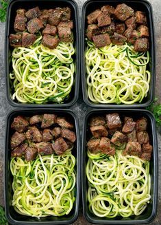 four trays filled with meat and zucchini noodles