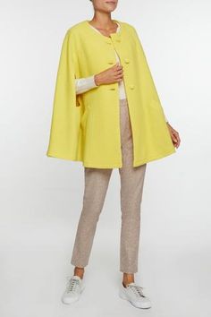 The Giulia Yellow Cape Made of woolmark lightweight boiled wool. One size fits all (we reccomend up until US... Elegant Spring Wool Coat In Solid Color, Elegant Solid Spring Wool Coat, Elegant Structured Wool Coat For Spring, Elegant Cashmere Outerwear For Spring, Elegant Spring Cashmere Wool Coat, Spring Cashmere Wool Coat For Work, Spring Wool Coat, Elegant Cashmere Outerwear For Work, Elegant Fitted Wool Coat For Spring