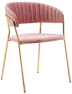 a pink velvet chair with gold legs and arms, on a white background the chair has a curved backrest that matches the rest of the chair