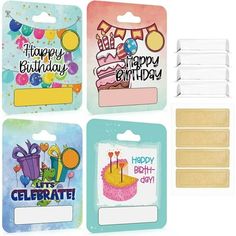 four birthday tags with happy birthday designs on them and one has a cake in the middle