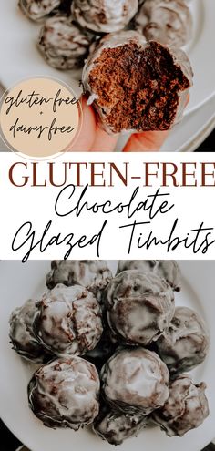 gluten - free chocolate glazed cookies on a white plate with text overlay