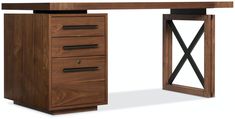 a wooden desk with two drawers underneath it