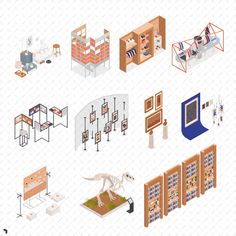 an illustrated set of various rooms and furniture for people to use in the house or office