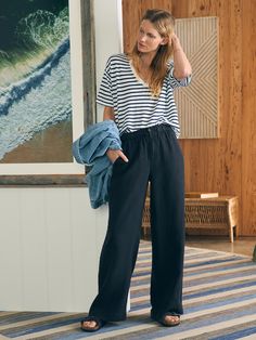 Monterey Linen Pant - Moonless Night Chic Linen Wide Leg Pants With Pull-on Style, Chic Linen Pull-on Pants, Effortless Relaxed Fit Linen Wide Leg Pants, Relaxed Fit Wide Leg Pull-on Pants, Relaxed Fit Pull-on Wide Leg Pants, Wide-leg Linen Pants With Pull-on Style, Relaxed Linen Wide Leg Pants With Elastic Waistband, Casual Wide-leg Bottoms With Elastic Waistband, Wide Leg Bottoms With Elastic Waistband For Casual Gatherings