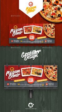 three different pizza menus are shown in this graphic style, and each has an image of