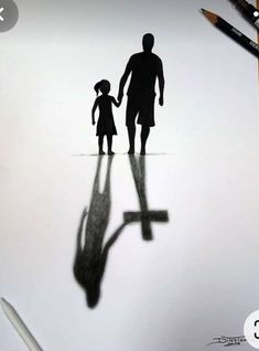 a drawing of a man holding the hand of a small child's hand while standing on top of a piece of paper