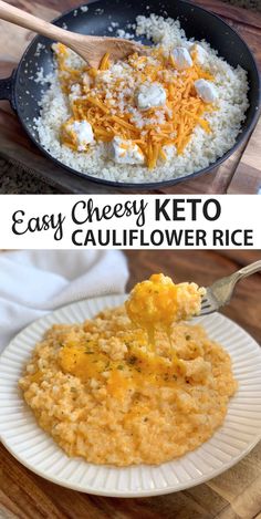 cheesey keto cauliflower rice in a cast iron skillet