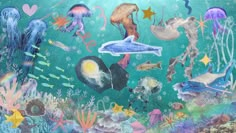 an underwater scene with various sea animals and fish in the water, including jellyfish