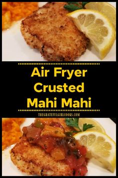 air fryer crusted mahi mahi with lemon wedges