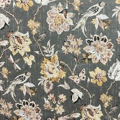 a floral fabric with birds and flowers on grey background, suitable for wallpaper or upholstering